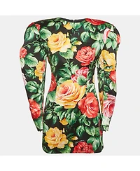 Pre-Owned Dolce & Gabbana Women's Black Floral Print Satin Puff Sleeve Mini Dress
