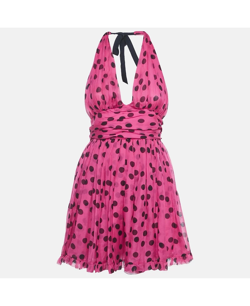 Pre-Owned Dolce & Gabbana Women's Pre-Owned D&g Pink Polka Dot Silk Neck Tie Detail Mini Dress