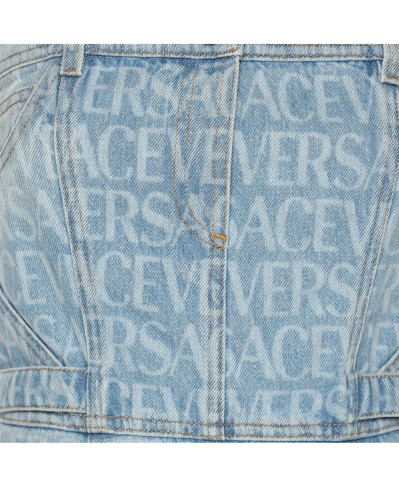 Pre-Owned Versace Women's Blue Logo Print Denim Strapless Mini Dress