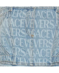 Pre-Owned Versace Women's Blue Logo Print Denim Strapless Mini Dress