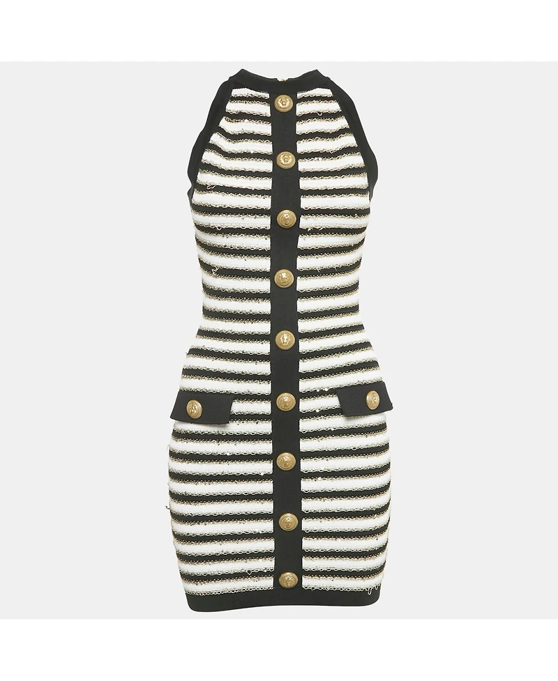 Pre-Owned Balmain Women's Black/ White Striped Rib Knit Mini Bodycon Dress
