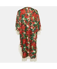 Pre-Owned Dolce & Gabbana Women's Red/multicolor Geranium Print Silk Blend Lace Trimmed Midi Dress