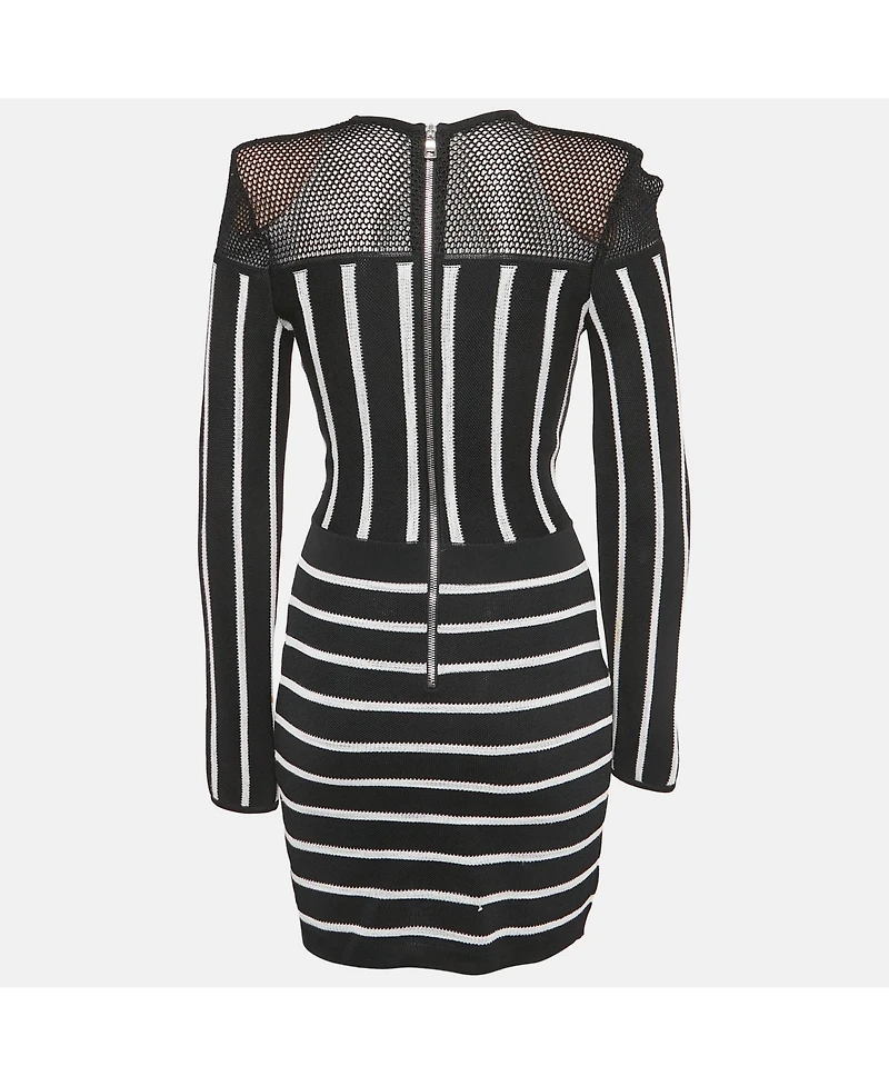 Pre-Owned Balmain Women's Black Striped Knit And Mesh Mini Bodycon Dress