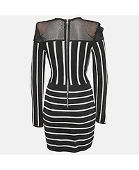 Pre-Owned Balmain Women's Black Striped Knit And Mesh Mini Bodycon Dress