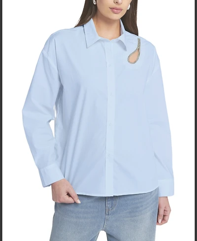 Elle Collection Women's Rhinestone Trim Cutout Shirt Button Down Top