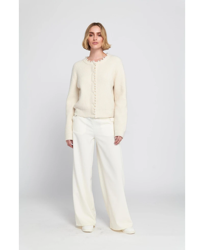 Elle Collection Women's Beaded Cardigan Cable Knit Sweater