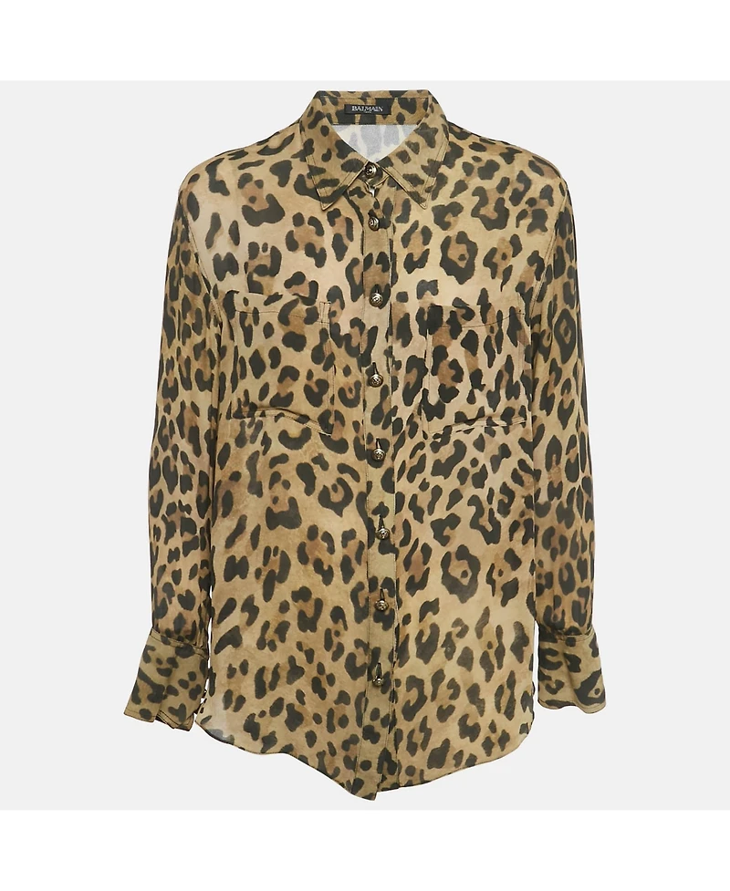 Pre-Owned Balmain Women's Brown Leopard Print Crepe Button Front Shirt
