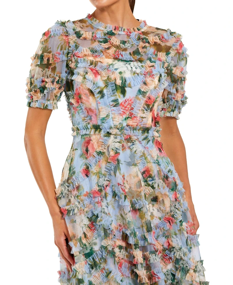 Mac Duggal Women's Floral Printed Mesh Ruffle High Neck Midi Dress