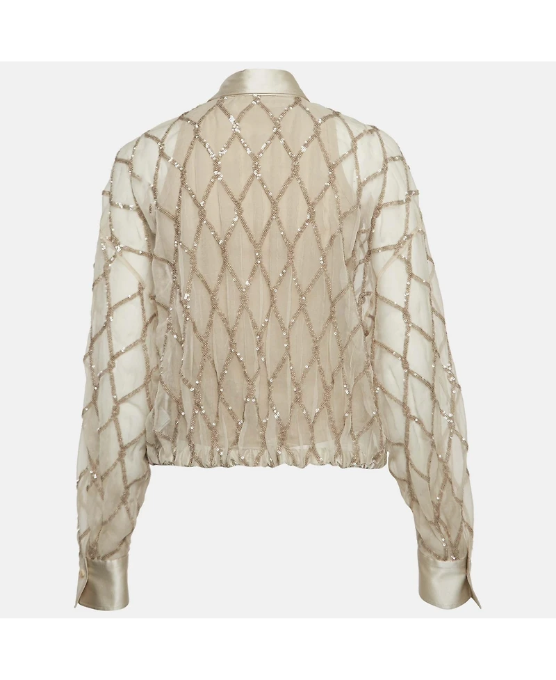 Pre-Owned Brunello Cucinelli Women's Beige Argyle Sequined Silk Shirt