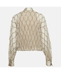 Pre-Owned Brunello Cucinelli Women's Beige Argyle Sequined Silk Shirt