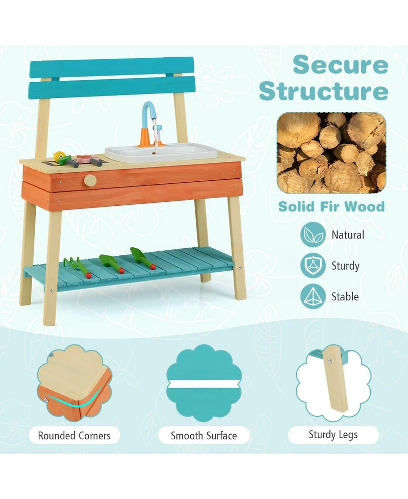 Costway Play Kitchen for Kids Wooden Toy Kitchen Playset with Wood Skewers Grill Rack