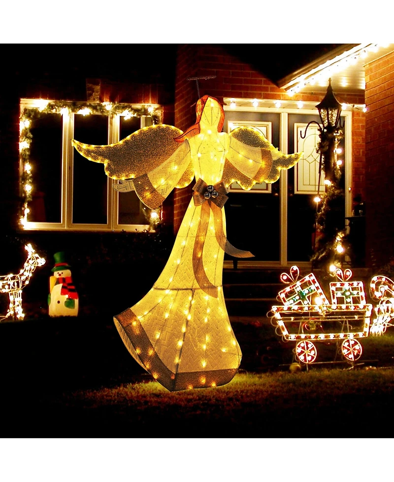 Costway 5.2 Ft Lighted Angel with Halo & Bow Zip Ties & Ground Stakes 180 Led Lights