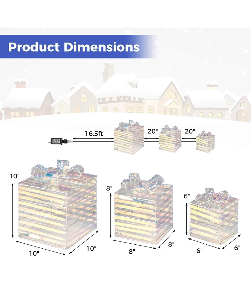 Costway 3 Pcs Christmas Lighted Gift Boxes Pre-lit 90 Led Light Up Present Box Decorations