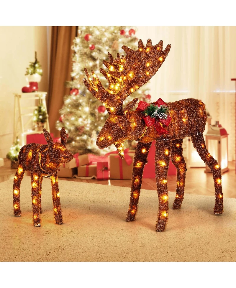 2 Pcs Lighted Moose Family Light-up Xmas Deer Decorations with 170 Led Lights