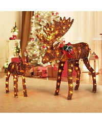 2 Pcs Lighted Moose Family Light-up Xmas Deer Decorations with 170 Led Lights