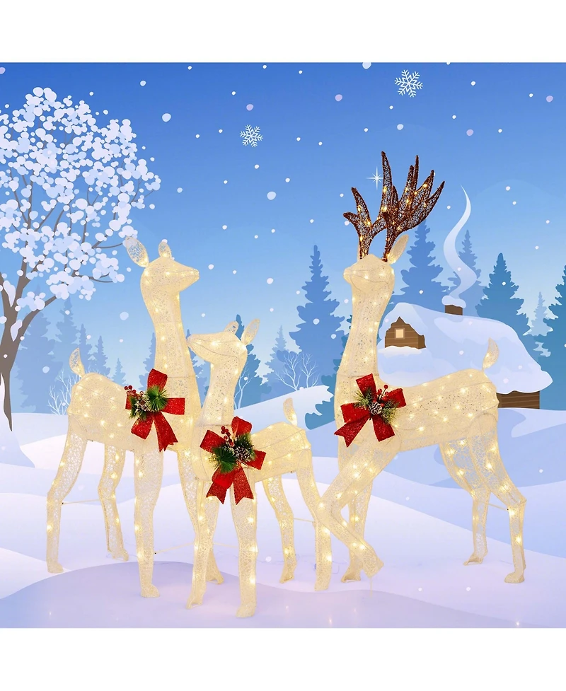 Costway 3 Pcs Pre-lit Christmas Reindeer Family 3D Lighted Glitter Deer Xmas Decoration