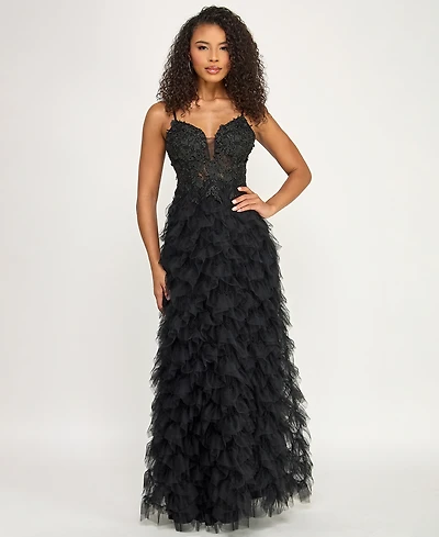 Say Yes Juniors' V-Neck Ruffled Skirt Gown