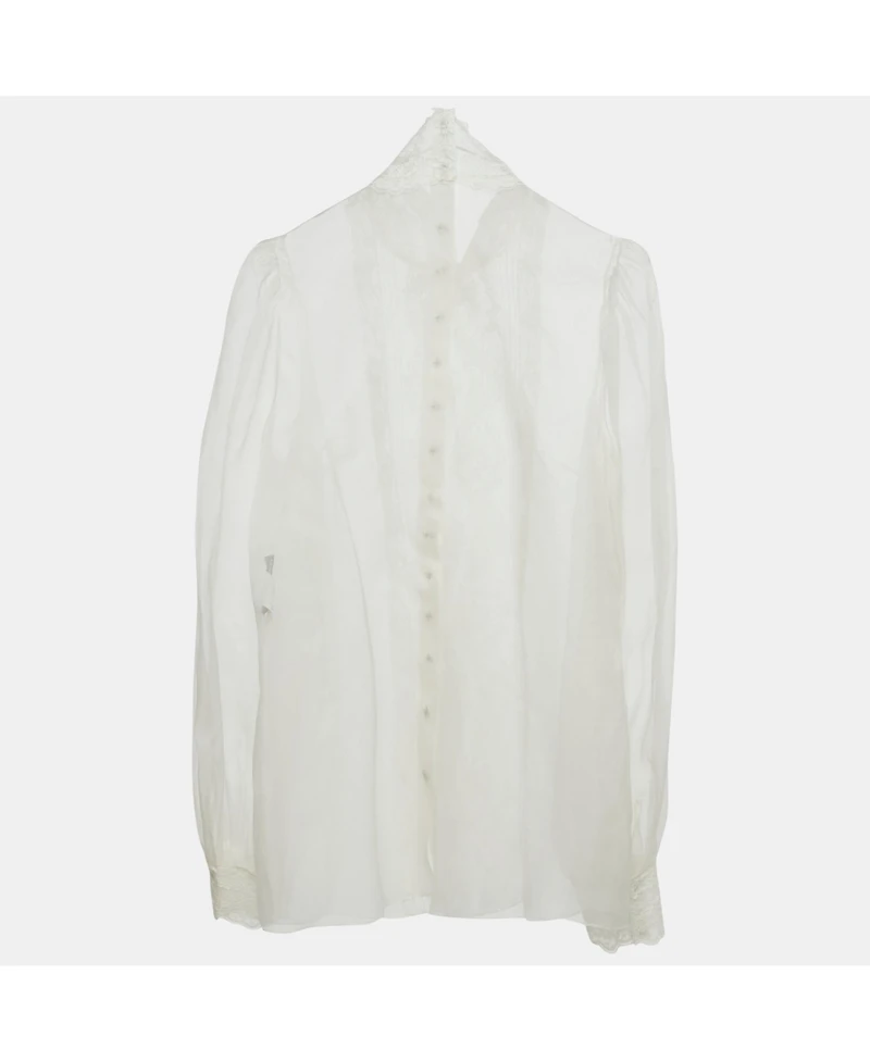 Pre-Owned Dolce & Gabbana Women's White Sheer Silk Lace Trimmed Blouse