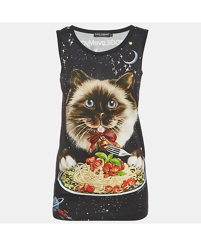 Pre-Owned Dolce & Gabbana Women's Spaghetti Cat Print Jersey Tank Top