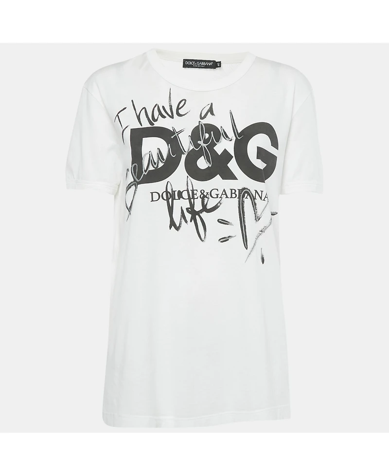 Pre-Owned Dolce & Gabbana Women's White Printed Cotton T-Shirt