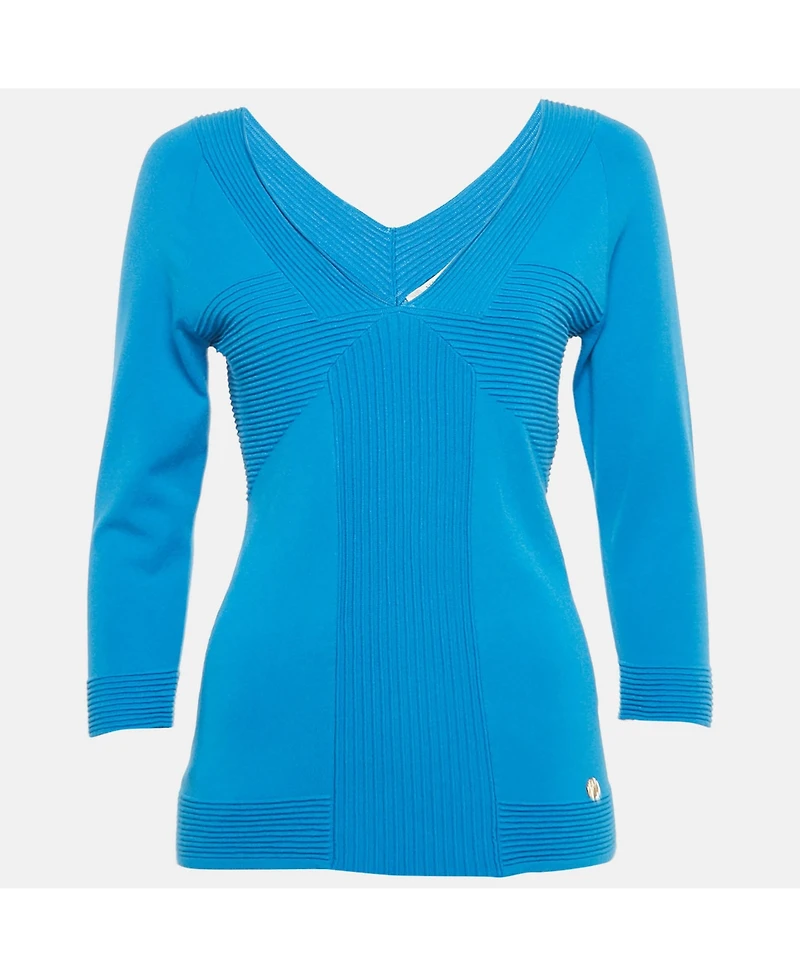 Pre-Owned Versace Women's Collection Blue Textured Stretch Knit V-Neck Pullover