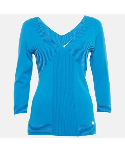 Pre-Owned Versace Women's Collection Blue Textured Stretch Knit V-Neck Pullover
