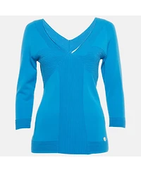 Pre-Owned Versace Women's Collection Blue Textured Stretch Knit V-Neck Pullover