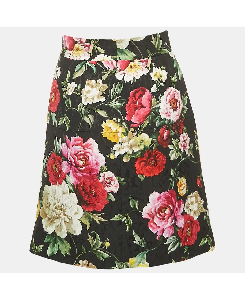Pre-Owned Dolce & Gabbana Women's Black Floral Print Button Detail Jacquard Mini Skirt