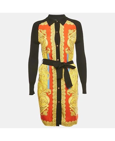 Pre-Owned Versace Women's Black/yellow Barocco Print Silk And Rib Knit Cardigan