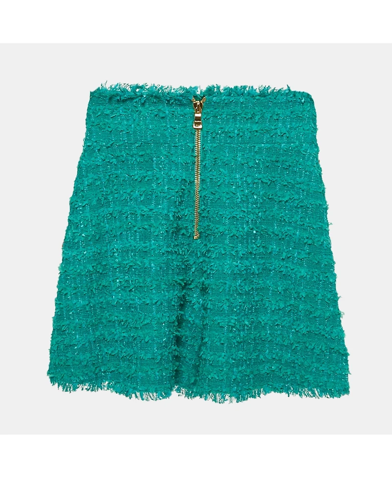 Pre-Owned Balmain Women's Green Tweed Button Detail High Rise Shorts