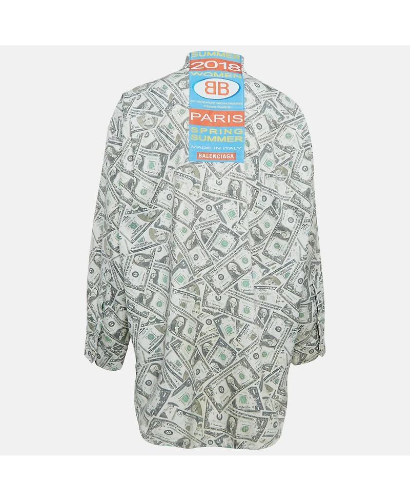 Pre-Owned Balenciaga Women's Green Usd Print Cotton Blend Oversized Shirt