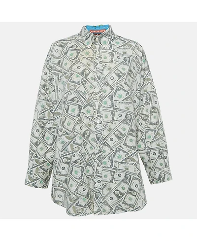 Pre-Owned Balenciaga Women's Green Usd Print Cotton Blend Oversized Shirt
