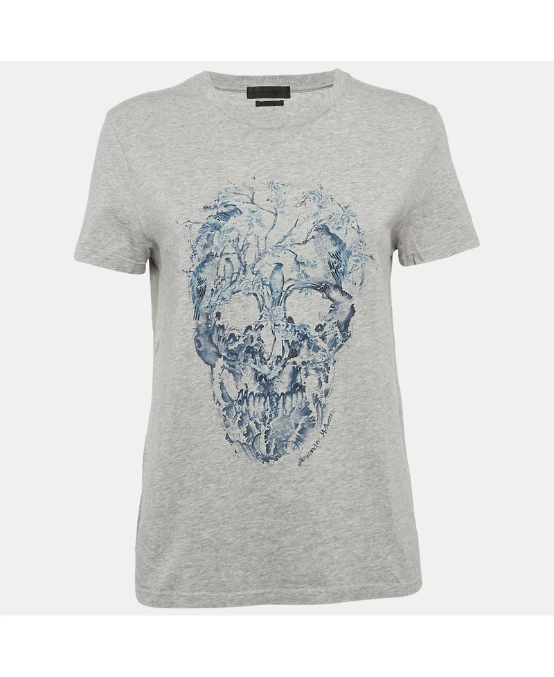 Pre-Owned Alexander Mcqueen Women's Grey Cotton Skull Print Crew Neck T-Shirt