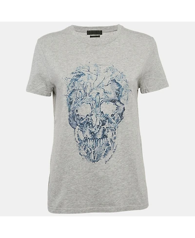 Pre-Owned Alexander Mcqueen Women's Grey Cotton Skull Print Crew Neck T-Shirt