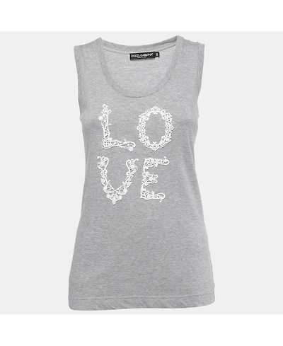 Pre-Owned Dolce & Gabbana Women's Grey Cotton Love Lace Patterned Tank Top