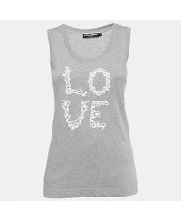 Pre-Owned Dolce & Gabbana Women's Grey Cotton Love Lace Patterned Tank Top