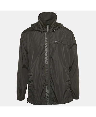 Pre-Owned Off-White Men's Black Logo Print Synthetic Hooded Windbreaker Jacket