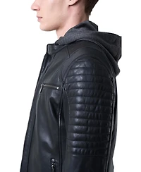 Velez Men's Belmont Leather Jacket for Men with Hood and Chestpiece