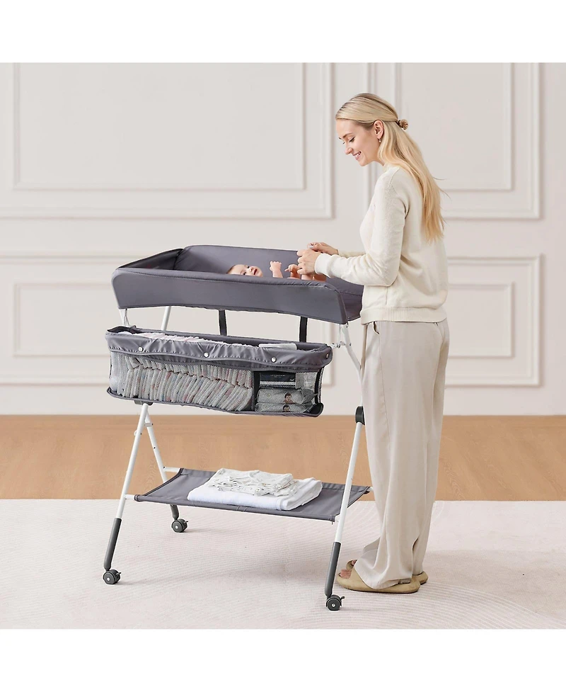 Slickblue Foldable Baby Changing Table with Wheels and Side Basket