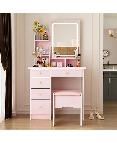 Homsee 5-Drawers Pink Makeup Vanity Sets Dressing Table with Stool, Mirror, Led Light and 3-Tier Storage Shelves