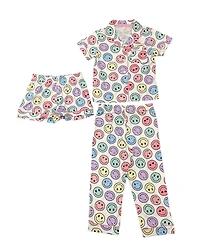 Tahari Girls 3-Piece Pajama Set with Short Sleeve Notch Collar Top, Elastic Waistband Pants, and Shorts Scrunchie