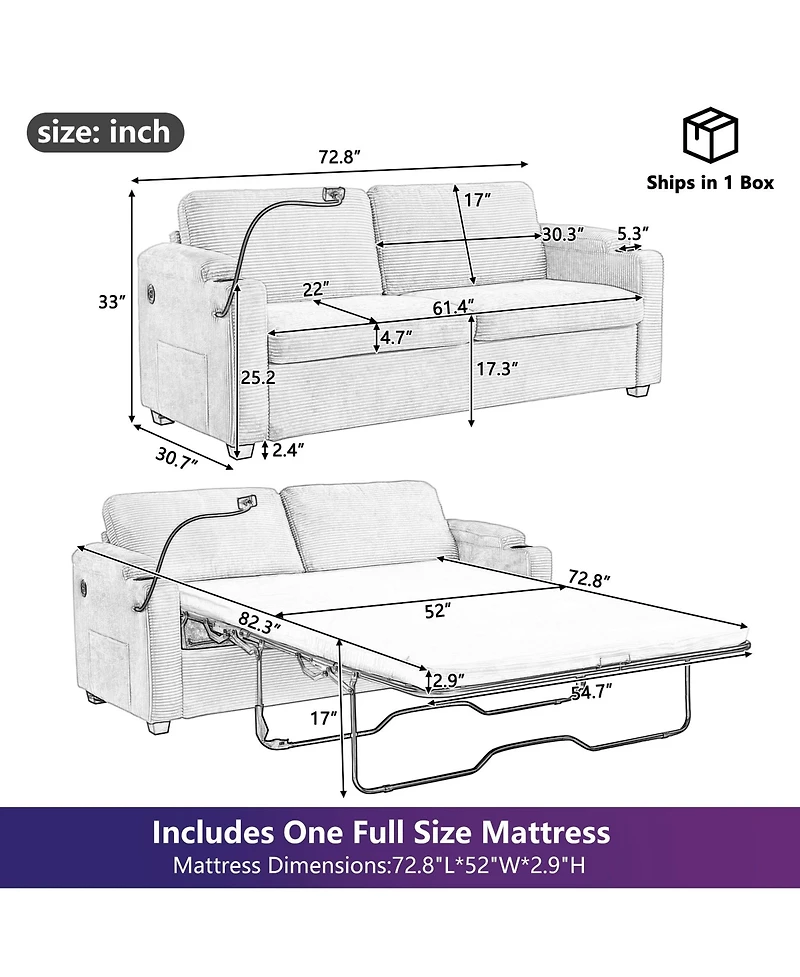 Boyel Living 72.8" Corduroy Sleeper Sofa Loveseat with Full Mattress, Two Usb Ports, Cup Holders, Side Pockets and a Phone Holder