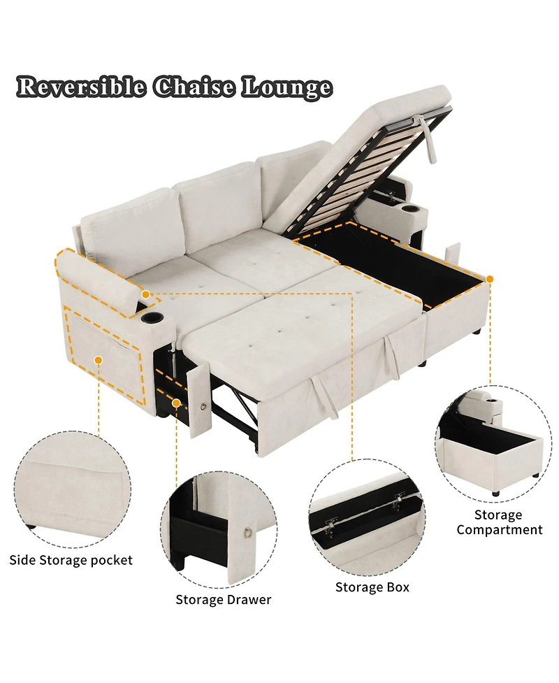 Boyel Living 83.5" L-Shaped Convertible Sofa Couch Bed Sectional with Storage, 2 Cup Holders & Usb Ports for Room