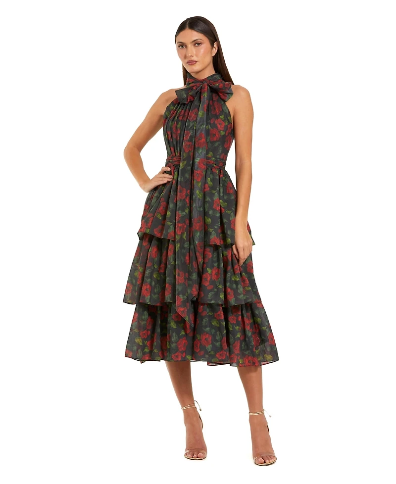 Mac Duggal Women's Floral Chiffon Tiered Midi Dress with Neck Bow