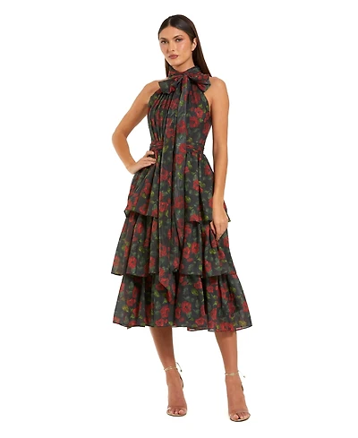 Mac Duggal Women's Floral Chiffon Tiered Midi Dress with Neck Bow
