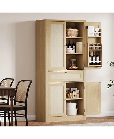 Gaomon 70inch Tall Kitchen Pantry Cabine, Rattan Doors Freestanding Cupboard Storage Cabinet with Drawer and Adjustable Shelves