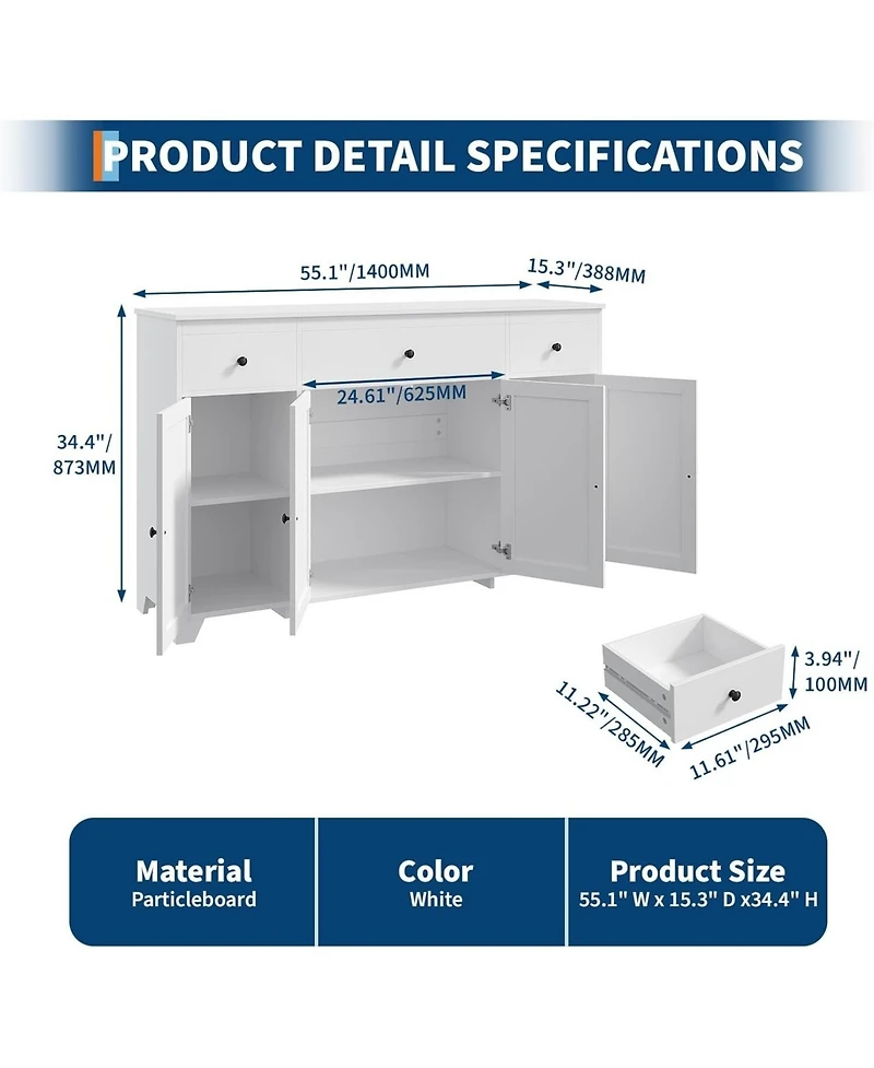 gaomon Sideboard Buffet Cabinet, 55in Large Modern Kitchen Coffee Bar Cupboard Cabinet with 4 Doors 3 Drawers Adjustable Shelves Wood Coffee Bar