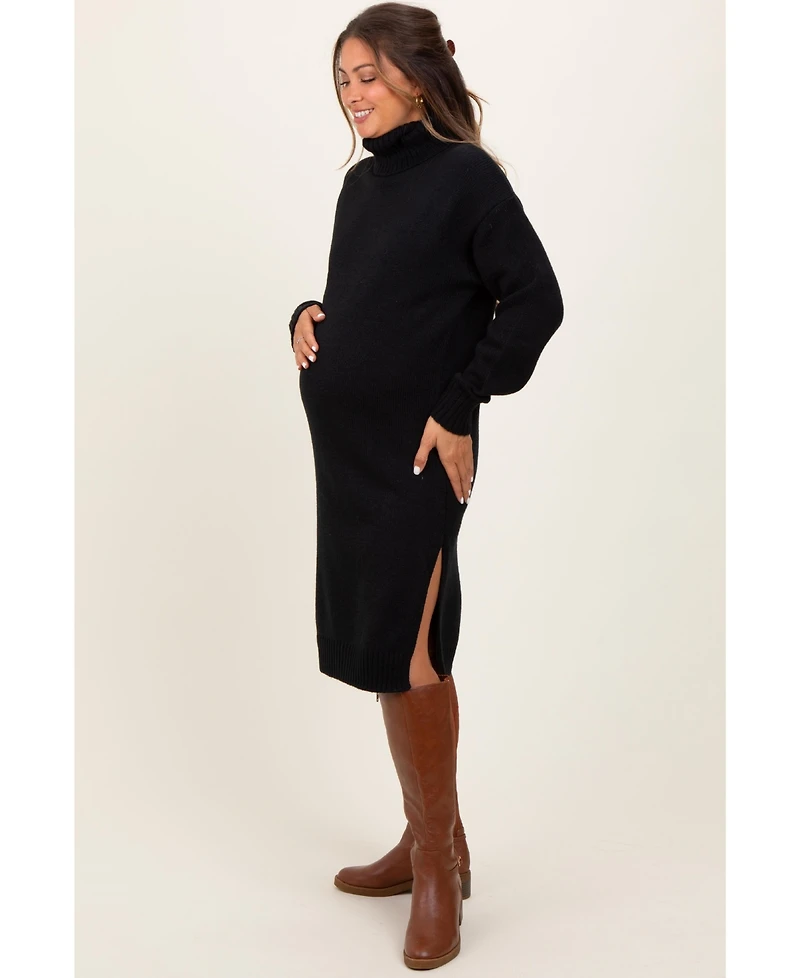 Pinkblush Maternity Camel Turtleneck Side Slit Midi Sweater Dress