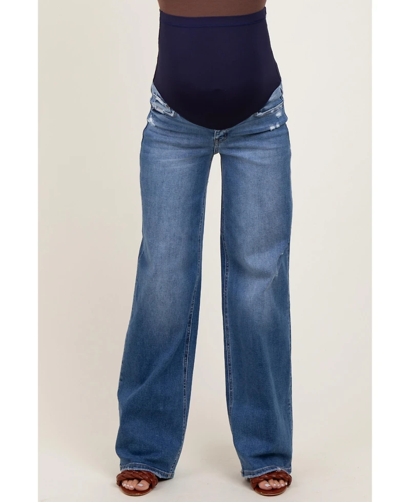 Pinkblush Maternity Blue Lightly Distressed Wide Leg Jeans