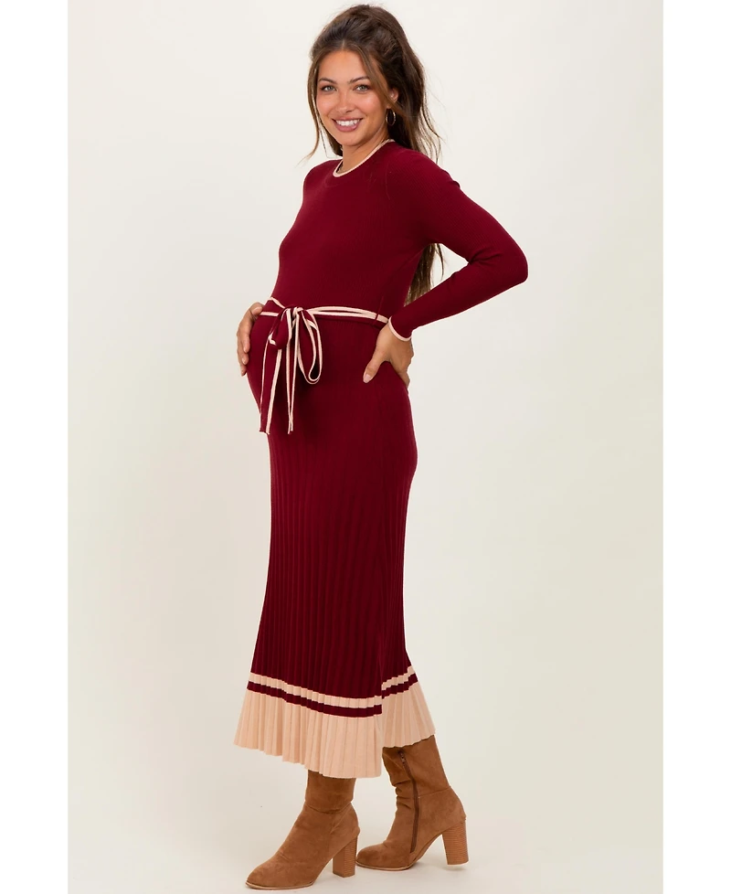 Pinkblush Maternity Burgundy Elegant Ribbed Midi Sweater Dress With Belt